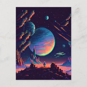 Personalise - Colourful Retro 8Bit Pixel Space Shi Postcard