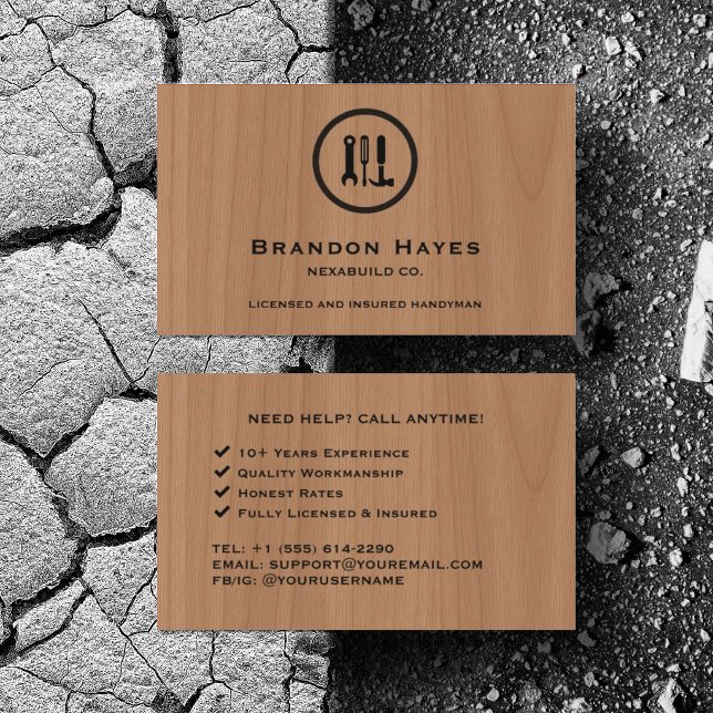 Personalise Construction Handyman Tools Wood Business Card (Personalized your business card details)