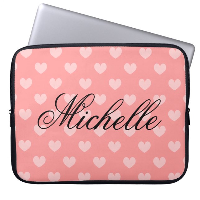 Personalise coral pink heart pattern laptop sleeve (Front)