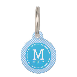 Personalise Country Baby Blue Gingham Monogram Pet Tag