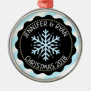 Personalise Couple's Blue Black White Snowflake Metal Tree Decoration