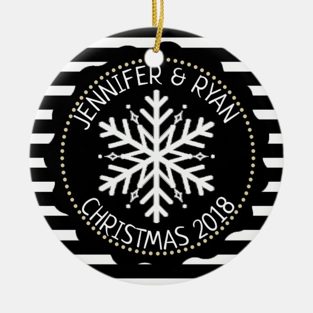 Personalise Couple's Photo Black  White Snowflake Ceramic Tree Decoration (Front)