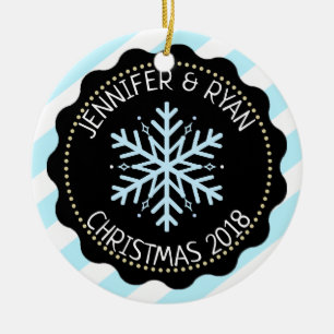 Personalise Couple's Photo Black White Snowflake Ceramic Tree Decoration