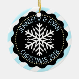 Personalise Couple's Photo Black White Snowflake Ceramic Tree Decoration