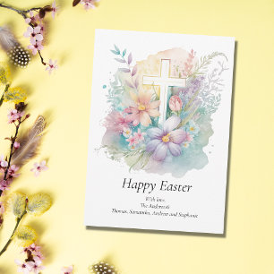 Personalise Cross Floral Pastel Religious Easter  Holiday Card