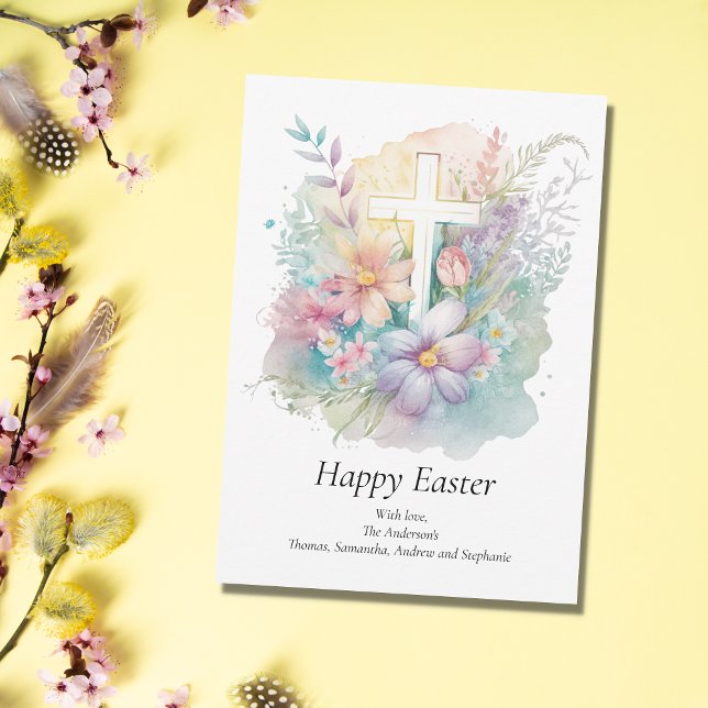Personalise Cross Floral Pastel Religious Easter  Holiday Card (Creator Uploaded)
