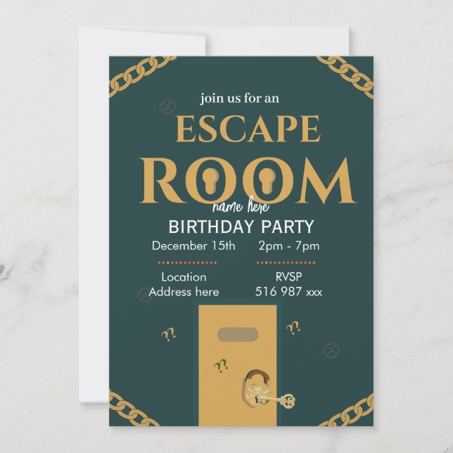 Personalise custom escape room birthday invitation (Front)