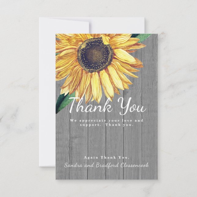 Personalise Custom Rustic Chic Sunflower Barn Wood Thank You Card (Front)