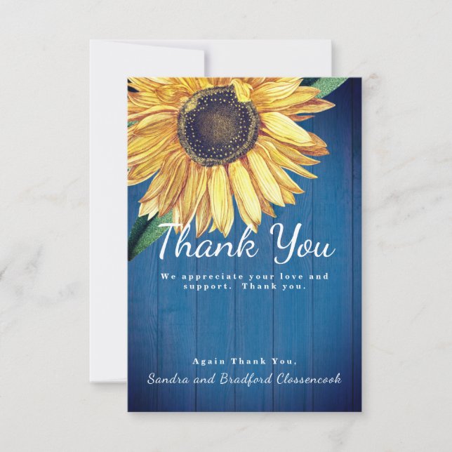 Personalise Custom Rustic Sunflower Barn Wood Navy Thank You Card (Front)