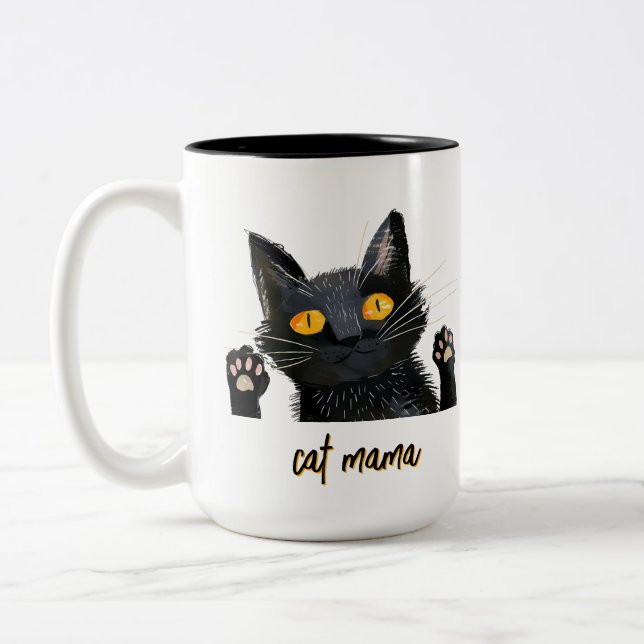 Personalise Cute Black Cat Mama Two-Tone Coffee Mug (Left)