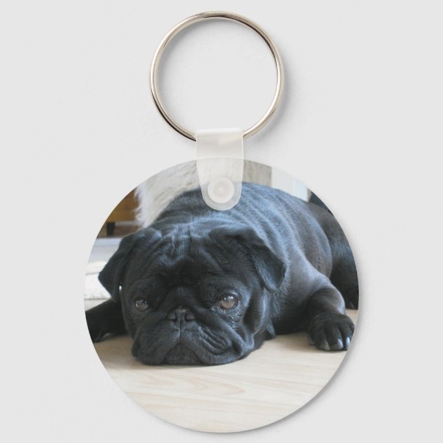 Personalise cute black Pug Puppy accessories name Key Ring (Front)