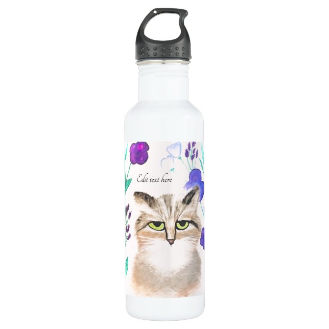 Personalise - Cute Cat Art Water Bottle (Front)