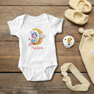 Personalise Cute Girly Unicorn Moon Clouds Pink Baby Bodysuit