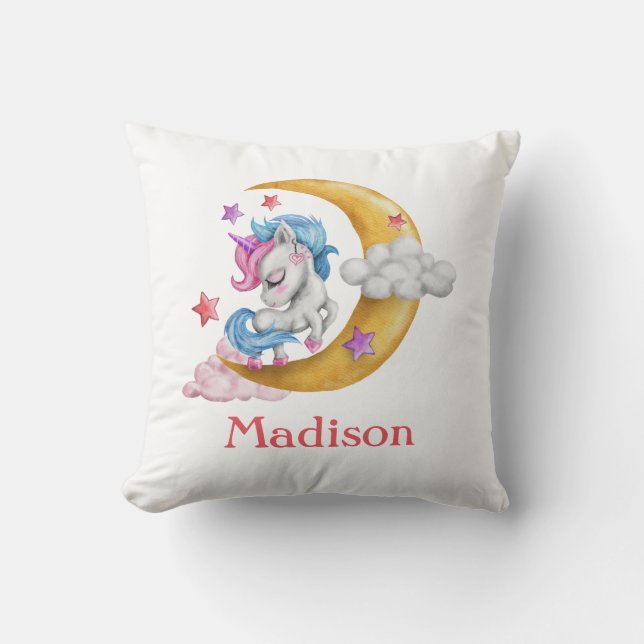 Personalise Cute Girly Unicorn Moon Clouds Pink  Cushion (Front)