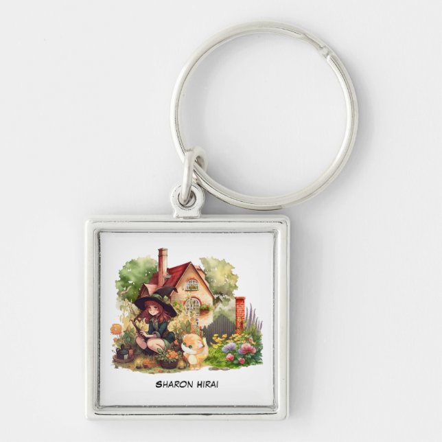 Personalise | Cute Little Witch And Fox Keychain (Front)
