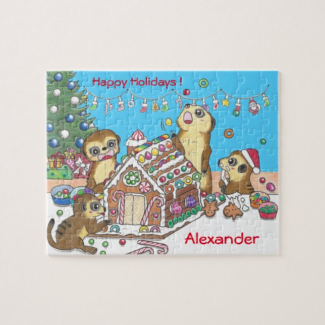 Personalise Cute Meerkats jigsaw puzzle blue (Horizontal)