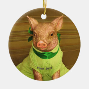 Personalise Cute Patti the Pig portrait in green Ceramic Tree Decoration