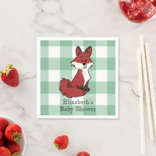 Personalise Cute Red Fox Green Gingham Baby Shower Napkin