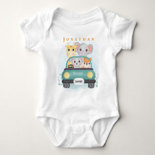 Personalise Cute Safari Animals Take A Road Trip  Baby Bodysuit