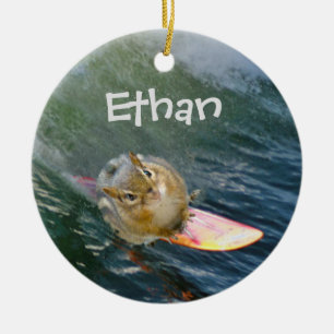 Personalise Cute Surfing Chipmunk Ceramic Tree Decoration