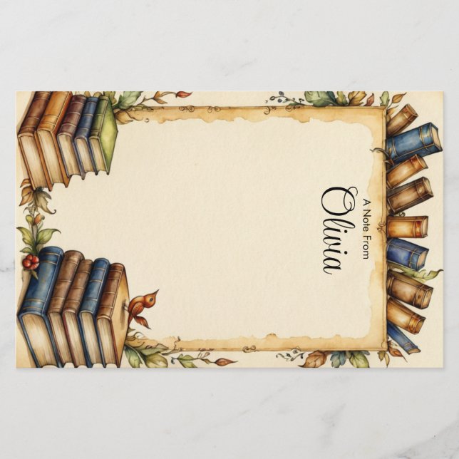 Personalise Cute Whimsical Book Border  Stationery (Front)