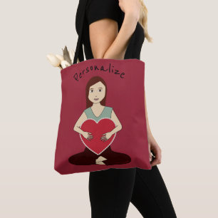 Personalise Cute Yoga Girl holding Red heart Tote Bag