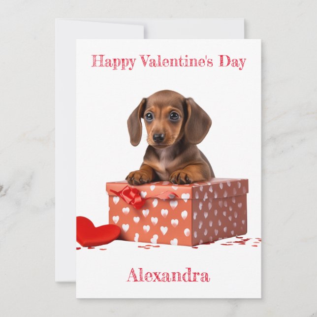 Personalise Dachshund Puppy Heart Box Valentine Holiday Card (Front)
