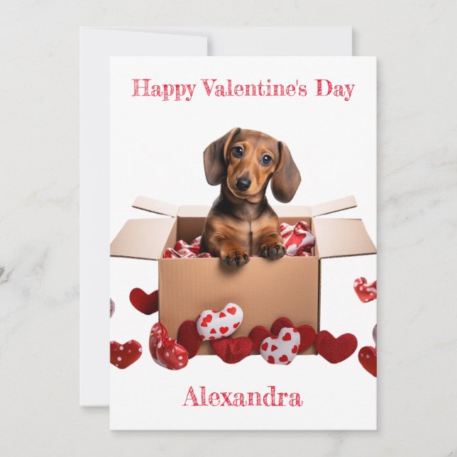 Personalise Dachshund Puppy with Hearts Valentine Holiday Card (Front)