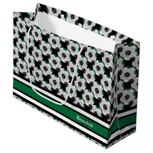 Personalise Dark Green and Black Soccer Balls Large Gift Bag