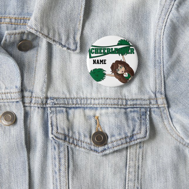 Personalise Dark Green Cheerleader Girl 6 Cm Round Badge (In Situ)