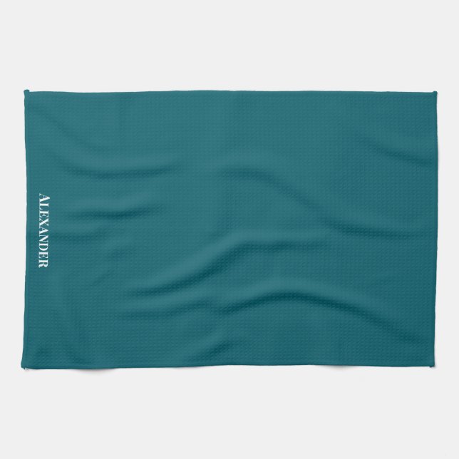 Personalise Dark Teal Blue Plain Solid White  Tea Towel (Horizontal)