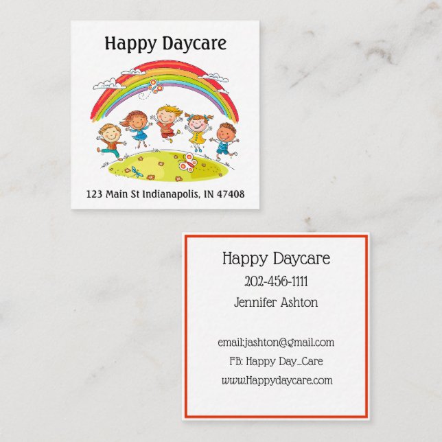 Personalise Daycare Preschool Teacher Happy Kids B Square Business Card (Front/Back)