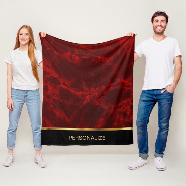 Personalise Deep Red Marble and Gold Fleece Blanket (In Situ)