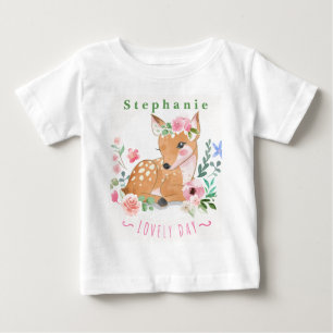 Personalise Deers Lovely Day Outside Among Flowers Baby T-Shirt