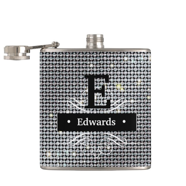 Personalise Diamond Flask, brilliant white crystal Hip Flask (Opened)