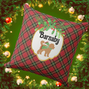 Personalise Doodle Dog Red Christmas Plaid Cushion
