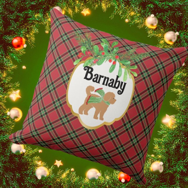 Personalise Doodle Dog Red Christmas Plaid Cushion (Personalize it! Available in 3 sizes.)