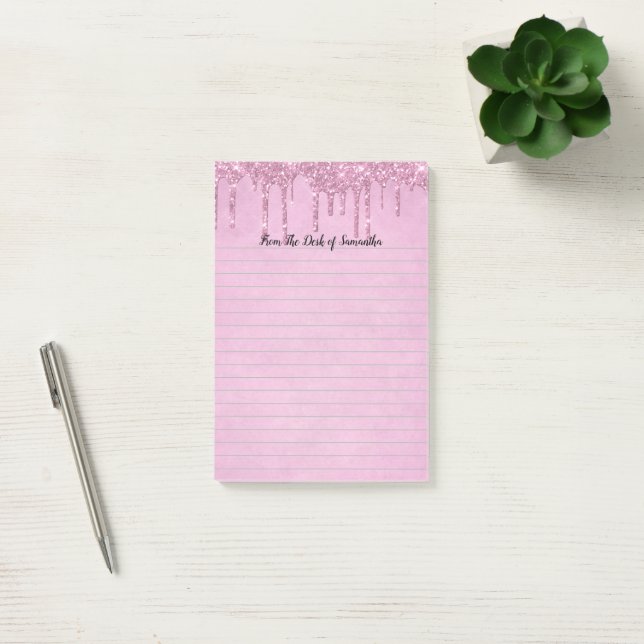 Personalise Dripping Glitter Pink Lined  Post-it Notes (Office)