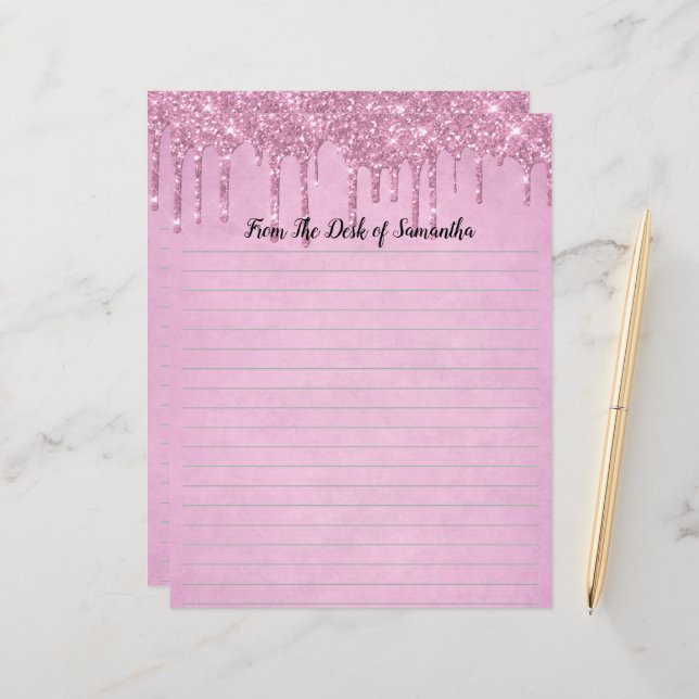 Personalise Dripping Glitter Pink Lined Stationary (Front/Back In Situ)