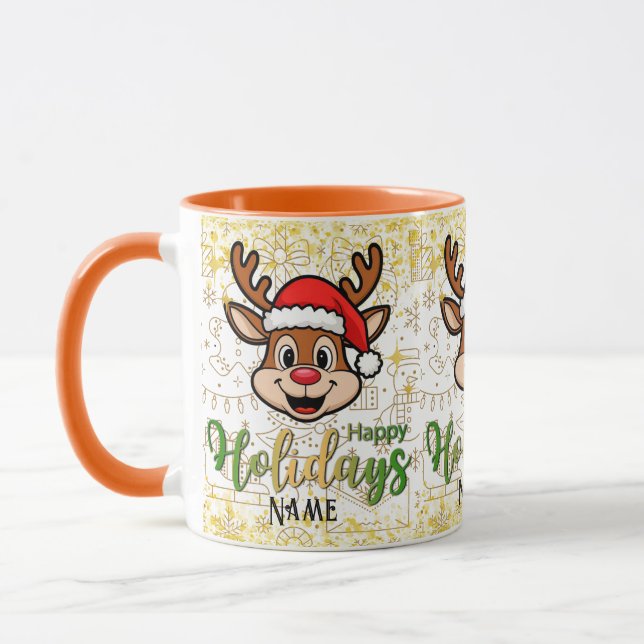 Personalise Duo Tone Mug Deer with Santa's Hat  (Left)