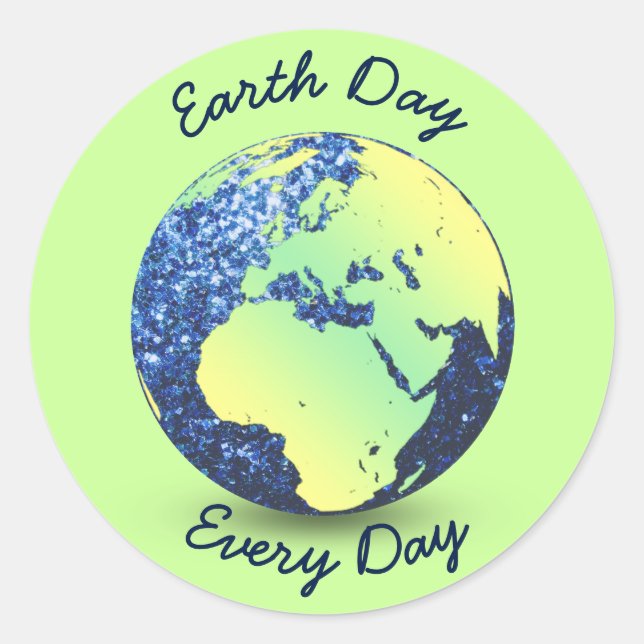 Personalise Earth Day blue sparkles Globe Classic Round Sticker (Front)