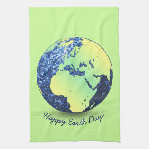 Personalise Earth Day blue sparkles Globe Tea Towel