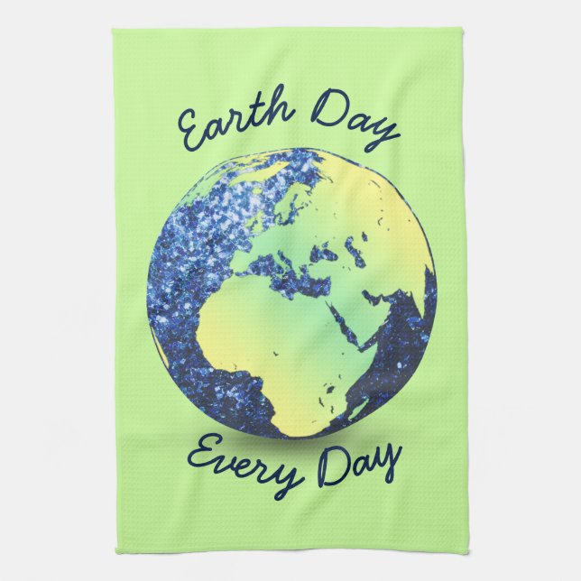 Personalise Earth Day blue sparkles Globe Tea Towel (Vertical)