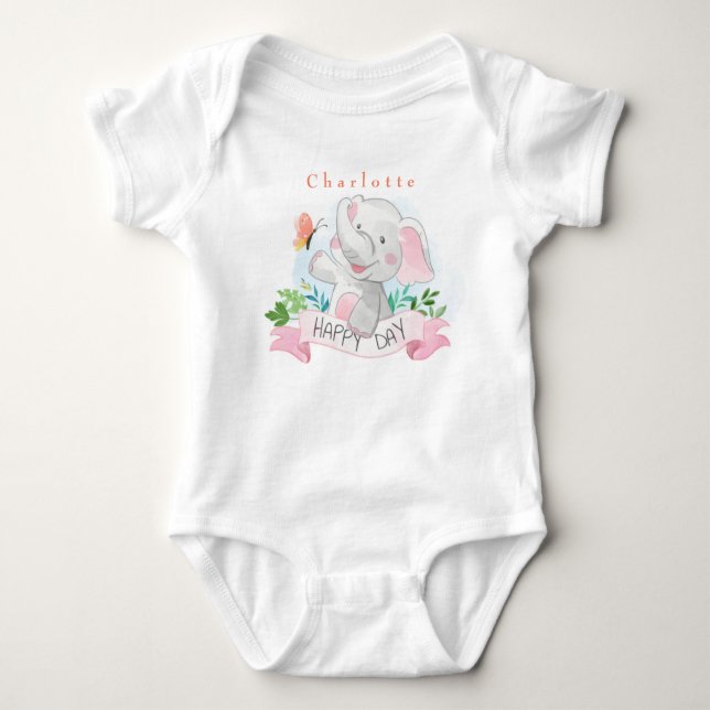 Personalise Elephant Plays Outdoor with Butterfly  Baby Bodysuit (Front)