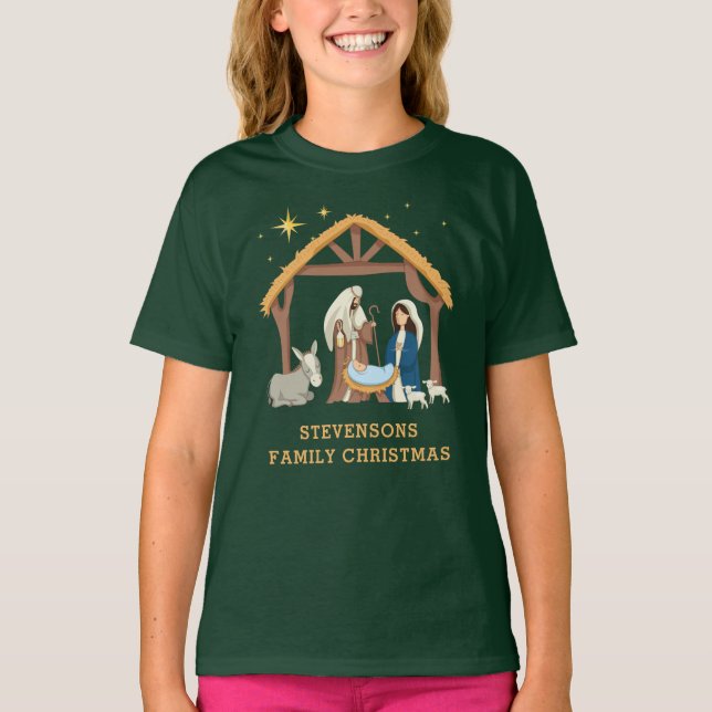 Personalise Family Christmas Baby in a Manger T-Shirt (Front)
