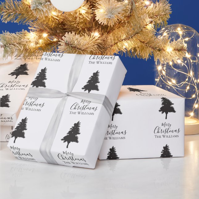 Personalise Family Name White Black Christmas Tree Wrapping Paper (Holidays)
