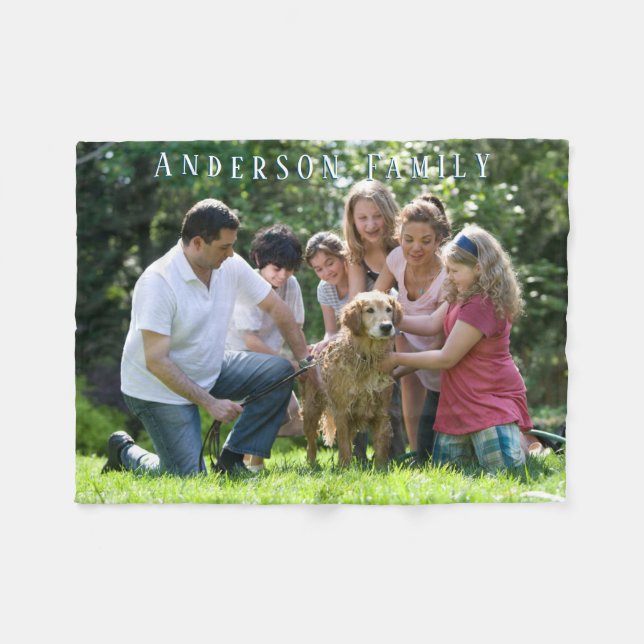 Personalise Family Photo & Name, White Text Fleece Blanket (Front (Horizontal))