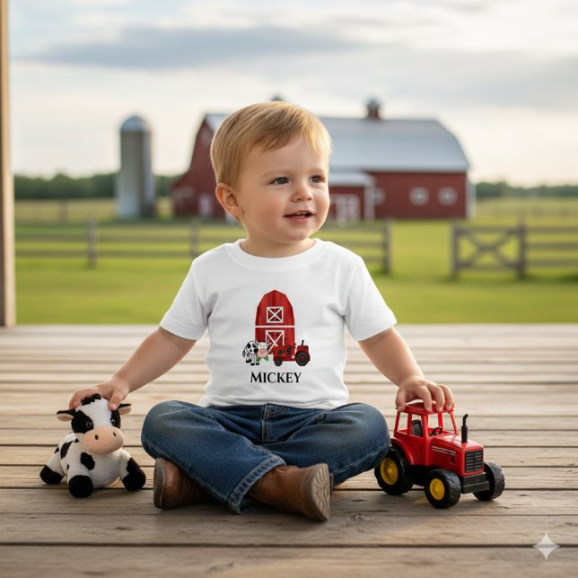 Personalise Farm Barn and Red Tractor Cute  Baby T-Shirt (Farm fun with Mickey: barn, cow & tractor joy perfect for little adventurers on the porch!)