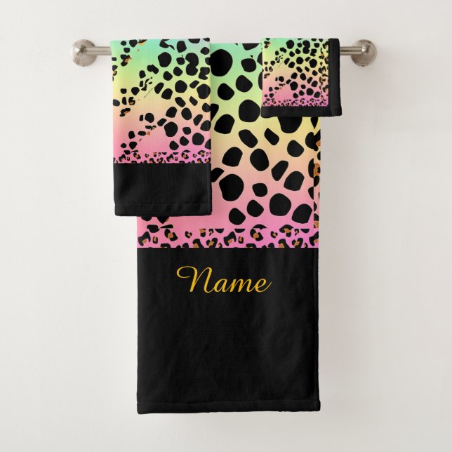 Personalise Faux Rainbow Leopard Animal Print  Bath Towel Set (Insitu)