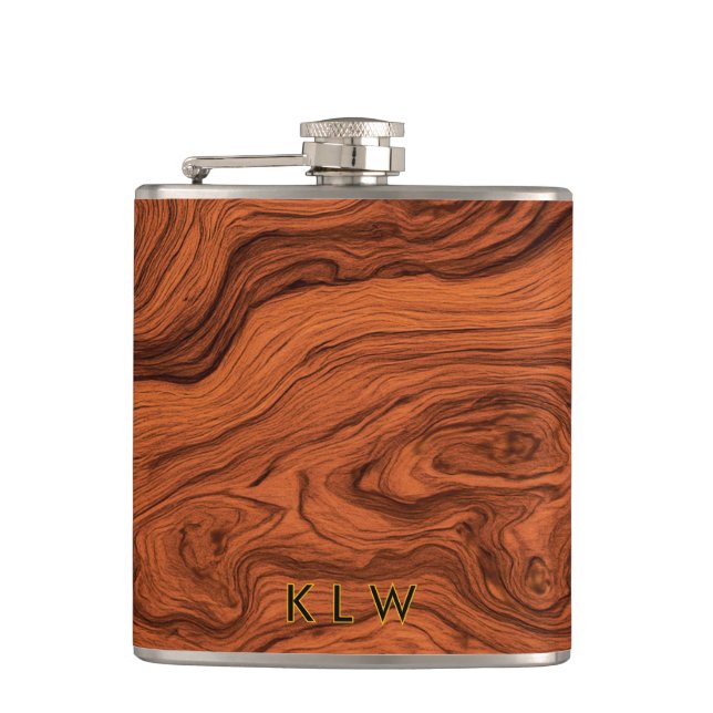 Personalise faux walnut wood hip flask (Front)